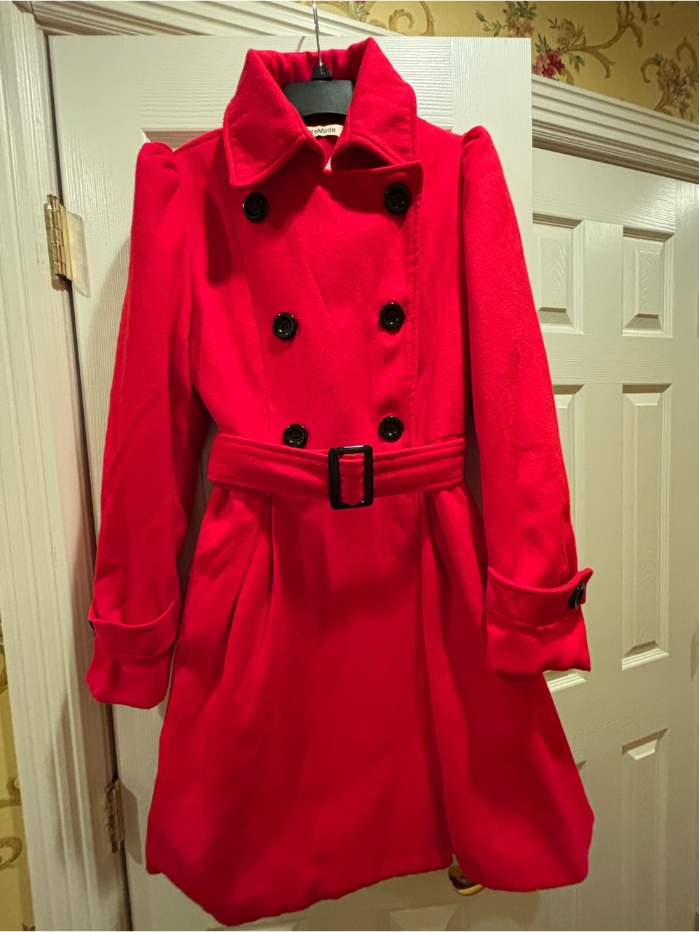 Women's Bright Red Double-Breasted Belted Pea Coat